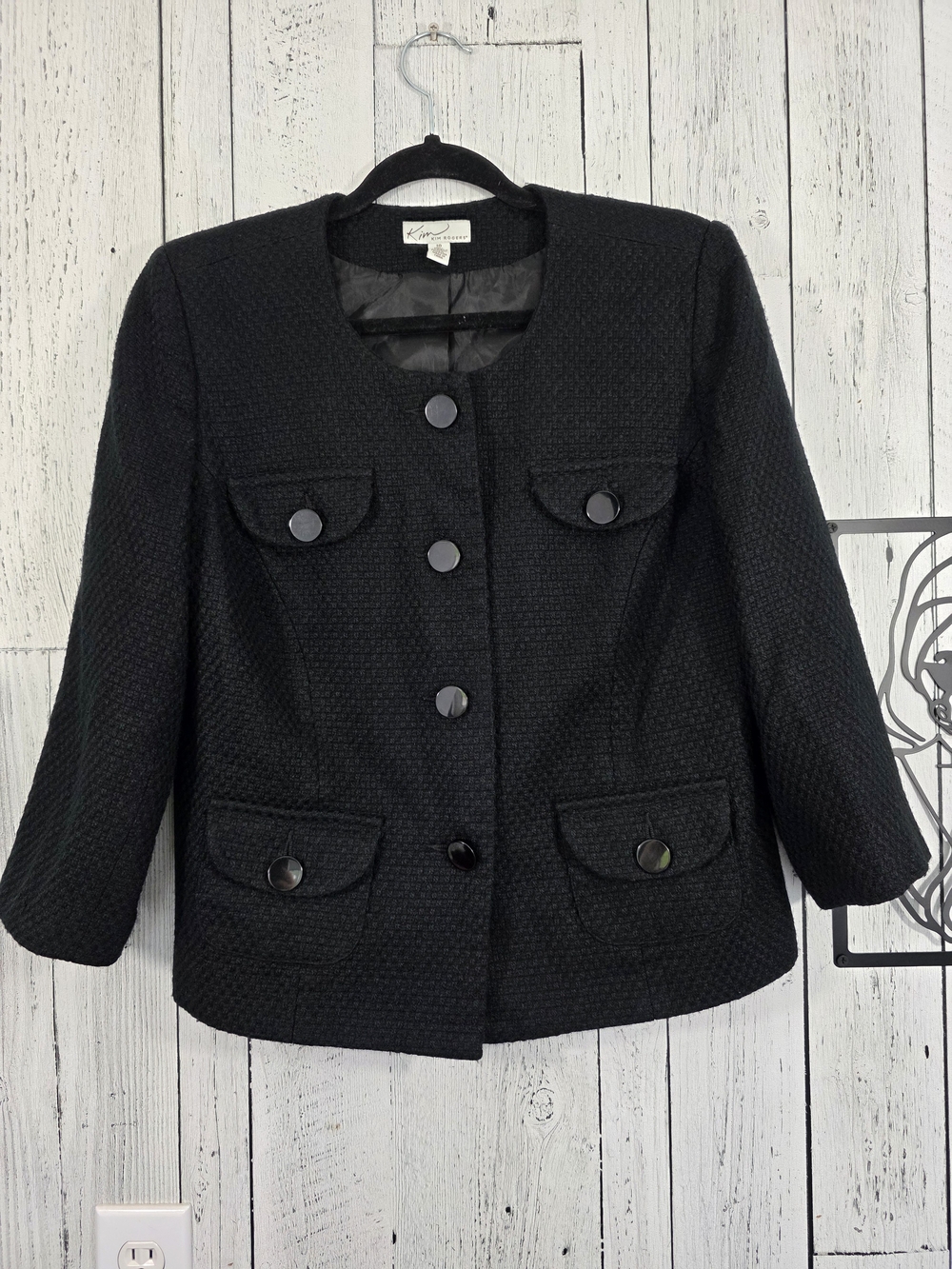 Kim Rogers Black Wool Blend Textured Jacket Blazer Size 10, Office Workwear